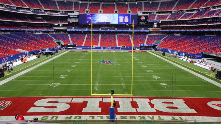 Aerial view of Highmark Stadium on a Buffalo Bills game day, surrounded by bustling parking lots and tailgaters